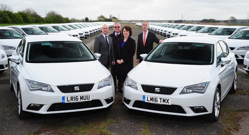 Big reveal of SEAT Leon fleet with virtual reality handover to drivers. With the real cars are Jason Coleman (SEAT), Peter Kershaw (Spire), Kate Wright (VW Financial Services) and Jeremy-Young (SEAT)